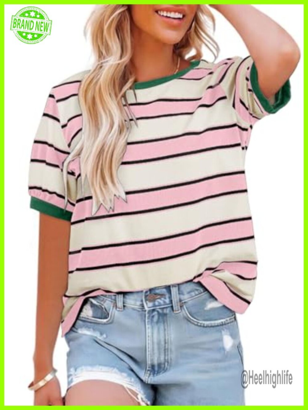 Womens Striped Color Block Short Sleeve Crewneck Loose Fit Casual T-Shirt Tee